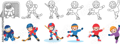Cartoon children playing ice hockey and skating, colorful sports illustration with goalie, players, skaters, winter activity design, educational and recreational vector art.