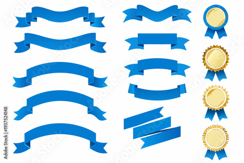 Collection of blue ribbons banners and gold award medals on white