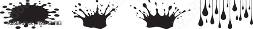 Collection of black ink splatter and dripping paint stains isolated on white background, abstract liquid splash shapes and drop marks set for grunge design, artistic texture, printing, illustration an