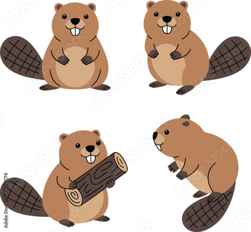 Cartoon illustration of four playful beavers in different poses with flat tails, teeth, and logs, cheerful artwork symbolizing wildlife, nature, and animal behavior