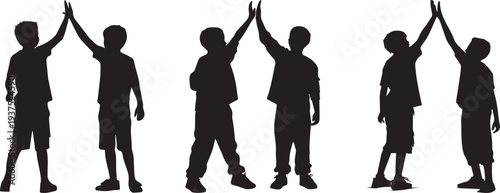 Silhouette of two boys giving a high five after a game, celebratory pose. Set of 5 high five people silhouettes vector