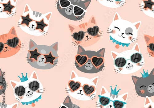 Trendy cats wearing sunglasses and crowns seamless pattern on pink