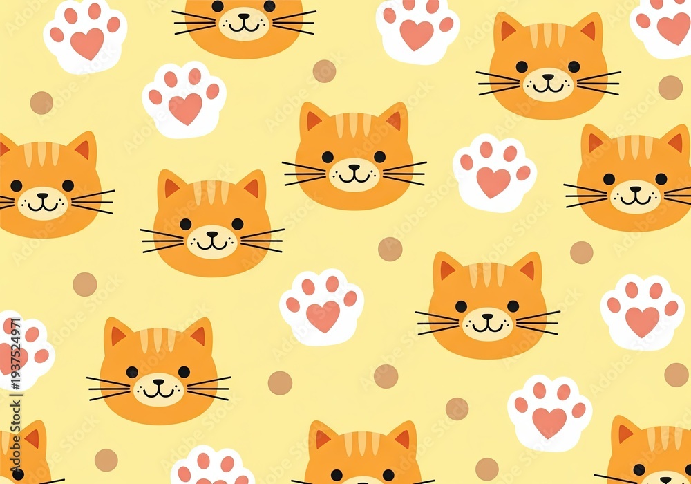 Obraz premium Orange tabby cat faces and paws pattern on yellow