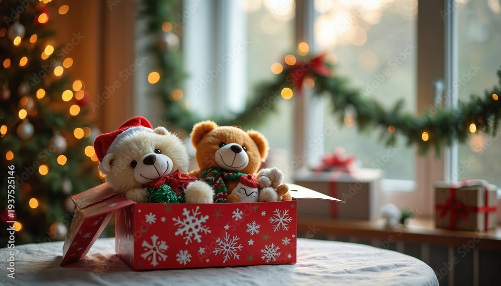 Fototapeta premium Two teddy bears sit in a festive gift box with Christmas tree lights glowing. Presents and garland decorate background. Holiday toys await gifting.