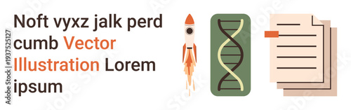 Education, innovation, technology, research, science, knowledge sharing. Graphic composition with rocket, DNA strand and layered document icons. Science and research concepts