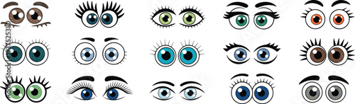 Cartoon-style eye illustrations collection with diverse iris colors, shapes, eyelashes, and eyebrows arranged in grid, character design reference for animation and artistic projects