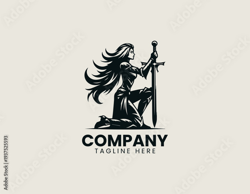 Kneeling female warrior with sword black vector logo illustration isolated on white background