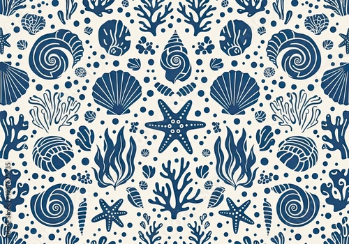 Blue and white nautical seamless pattern with seashells and starfish