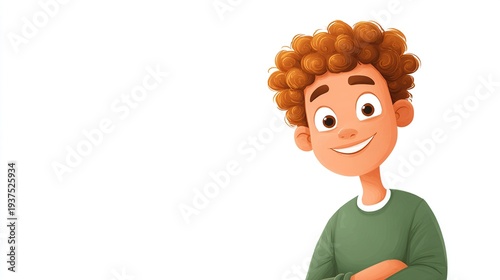 Friendly cartoon boy with curly brown hair and green shirt
