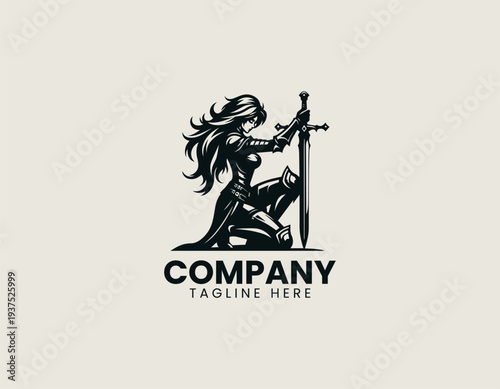 Kneeling female warrior with sword black vector logo illustration isolated on white background