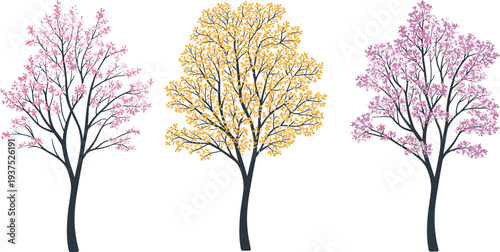 Colorful flowering tree illustration set with spring blossoms, decorative seasonal nature design isolated on white background for landscape, garden, branding, and environmental art concepts