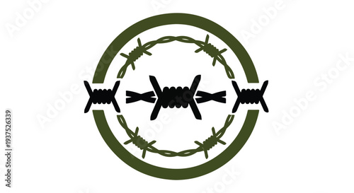Graphic illustration of a circular logo with a barbed wire design and three black missiles on a white background.