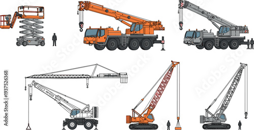 Construction crane illustration set featuring mobile, crawler, truck and scissor lift machines isolated on white background for industrial engineering and heavy lifting projects