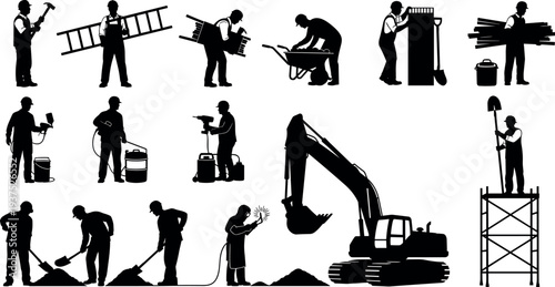 Construction worker silhouettes set with builders carrying tools ladder wheelbarrow welding digging and excavator machinery vector illustration isolated on white background industrial labor concept