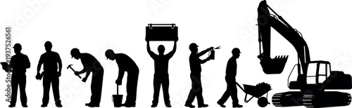 Construction worker silhouettes set with excavator builder laborer tools and wheelbarrow black vector illustration isolated on white background representing industrial work teamwork and engineering