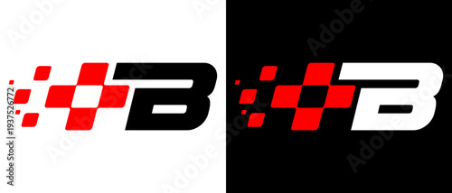 modern racing-style B-letter logo featuring dynamic pixel-like squares and a starting flag, this logo reflects the speed, performance and energy of competition.