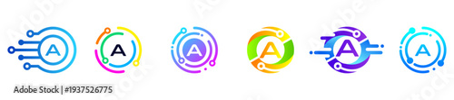 Modern abstract letter A logo set featuring vibrant gradient circles and digital circuit elements