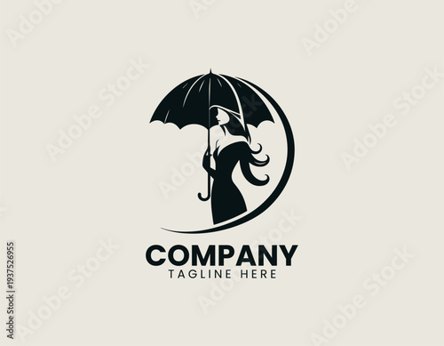 Elegant woman with umbrella in clean modern fashion silhouette vector illustration style