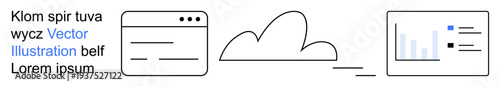 Cloud computing, data analytics, web interfaces, technology, online services, business tools. A cloud connects a browser and analytics display with graphs. Cloud computing and data analytics concept