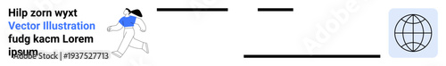 Global communication, internet connectivity, online collaboration, worldwide exchange, digital messaging, remote operation. Person running with a satchel and a globe icon. Global communication