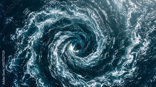 Chaotic underwater whirlpool spiraling violently in deep blue ocean pulling bright foam downward hypnotic motion