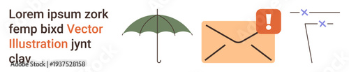 Communication, protection, safety, postal services, email notifications, umbrella branding. Green umbrella, envelope with exclamation mark text fragments. Communication and protection concepts