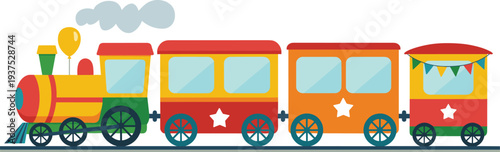 Colorful cartoon illustration of festive train with engine, passenger cars, caboose, balloons, flags, and smoke, playful artwork symbolizing children’s fun and celebration