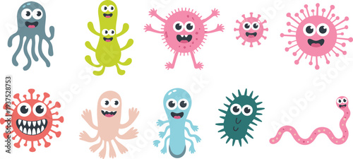Colorful cartoon microorganisms collection with funny germs, bacteria, and viruses characters in vibrant educational design for kids learning, hygiene 