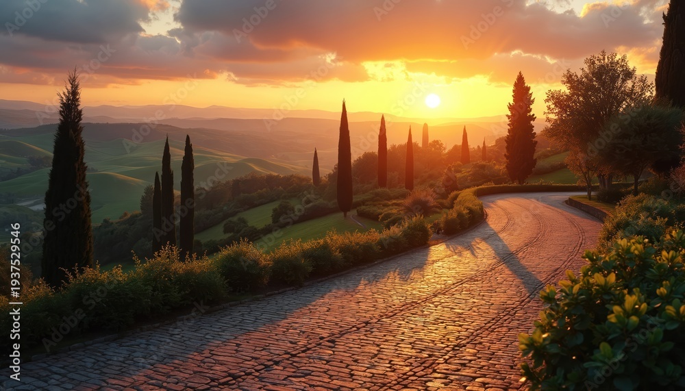 Naklejka premium Golden hour sunset illuminates rolling hills, winding stone road lined with cypress trees. Warm light casts long shadows across green landscape. Peaceful countryside panorama offers serene travel