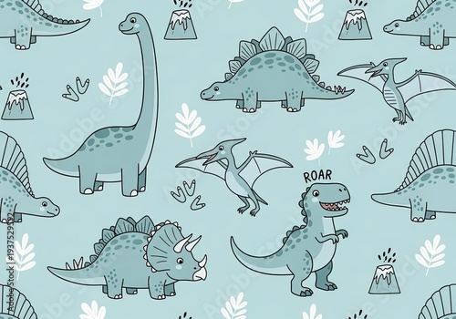 Assorted dinosaurs pattern including long neck, stegosaurus, pterodactyl, and T-Rex