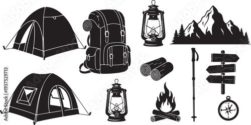 Camping icons and travel equipment in black and white