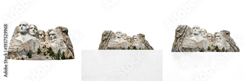 Mount Rushmore presidential sculpture isolated on white background random angle monument sculpture on white floor Black Hills South Dakota landmark United States presidential memorial granite mountain