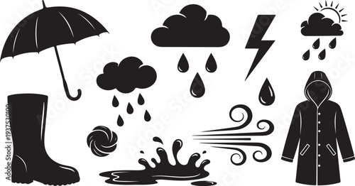 Rainy Day Weather Icons and Symbols in Black Silhouette