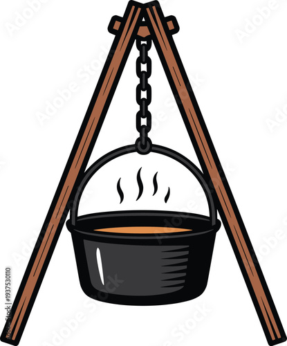 Camping hanging cooking pot food vector on white background.