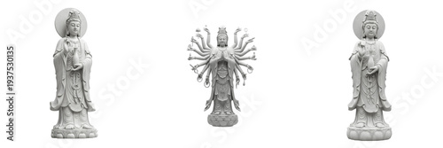 Photos Guan Yin statue isolated on white background random angle full sculpture on whit
