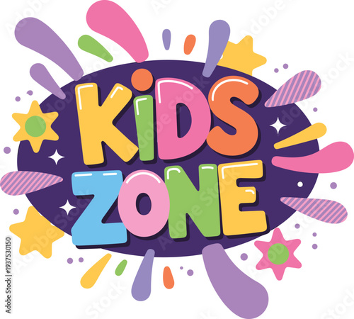 Colorful Kids Zone sign with playful multicolored letters, vibrant decorative elements, fun children’s area branding design for entertainment, activities, education, and creative play illustration