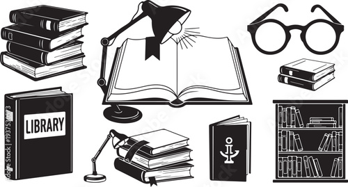 Black and white library books and reading accessories illustration