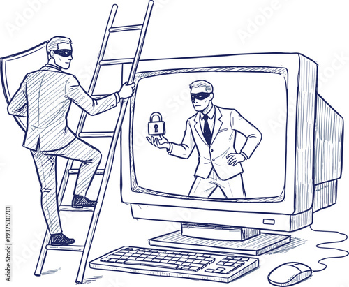 Hand drawn sketch of a masked hacker climbing a ladder into a vintage computer for cybercrime