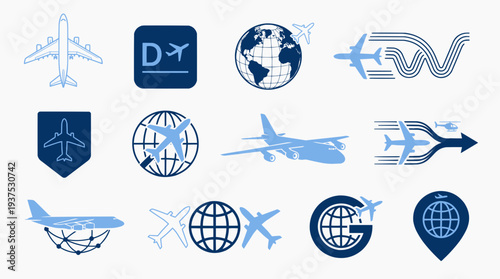 Global Aviation and Logistics Icon Set with Airplanes and World Globes.