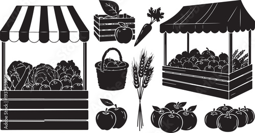 Black and white illustration of a fruit and vegetable market