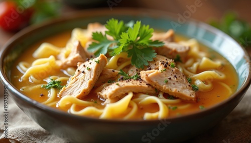 Warm chicken noodle soup with tender meat and fresh green herbs. Savoury broth with wide noodles makes a comforting, delicious meal. Perfect for cozy dining or recipe blog posts.