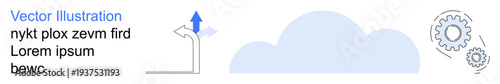 Data management, innovation, technology infrastructure, process optimization, cloud computing, digital solutions. An upward arrow alongside gears and a cloud. Cloud computing and innovation concept