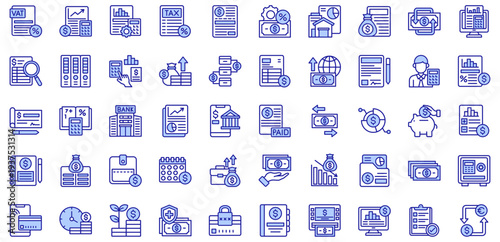 Accounting and Finance style icons collection. Vector illustrations. Vat, Bookkeeping, Taxes, Bank book, Money management. Pro Vectors.	

