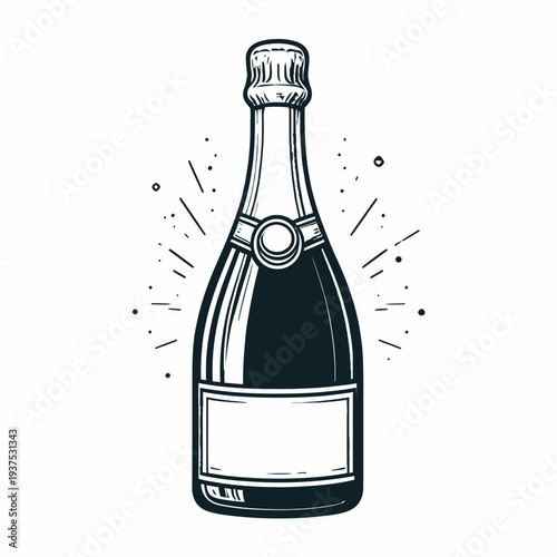 Stylized black and white illustration of a sparkling wine bottle, perfect for celebrations and special occasions.