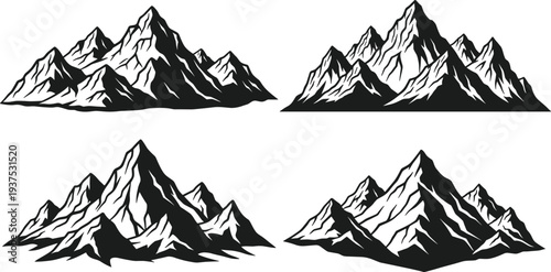 Mountain range vector icons, black and white peak silhouettes, outdoor adventure landscape graphics, high rocky hill nature illustrations, alpine climbing symbols.