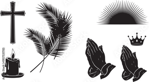 Religious symbols and icons in black and white illustration