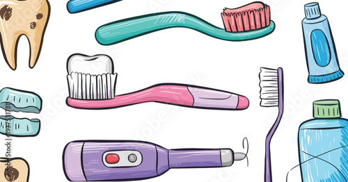 Colorful cartoon dental hygiene illustration featuring toothbrushes, toothpaste, mouthwash, floss, healthy and cavity teeth, retainer, promoting oral health awareness and educational design