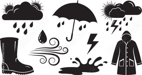 Weather icons and symbols in black and white illustration