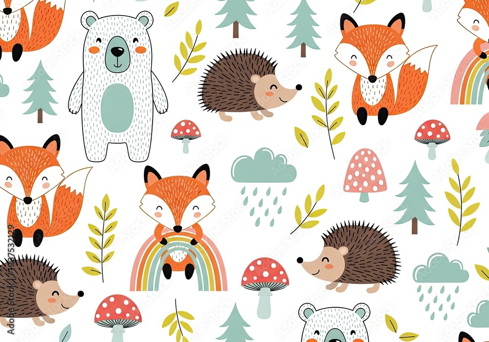 Obraz premium Woodland creatures pattern with foxes bears hedgehogs and rainbows