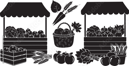 Black and white illustration of fresh produce market stand
